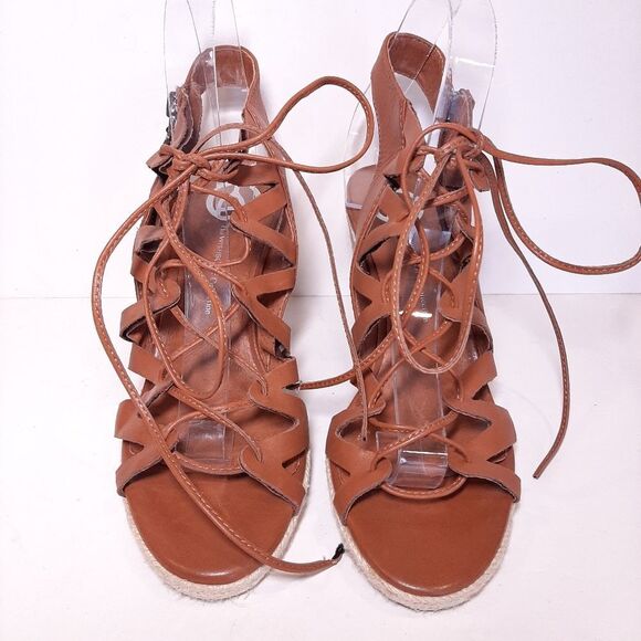 🍁WISHBONE Faux Leather Strappy Lace Up Espadrille Wedge Sandals Heels Shoes - Picture 3 of 13